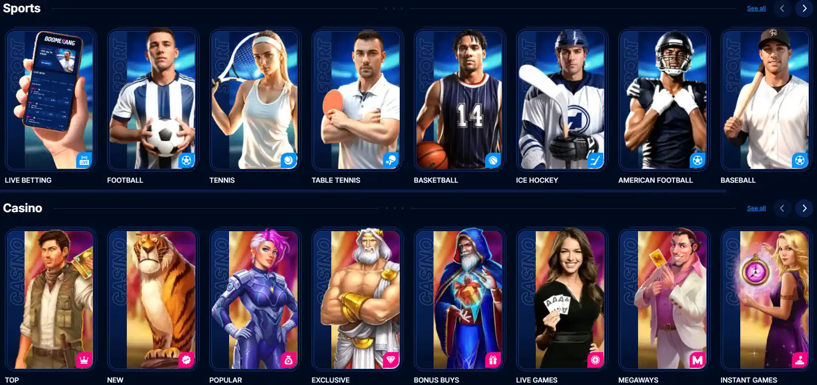 Boomerang Bet mobile sports betting interface and game selection.